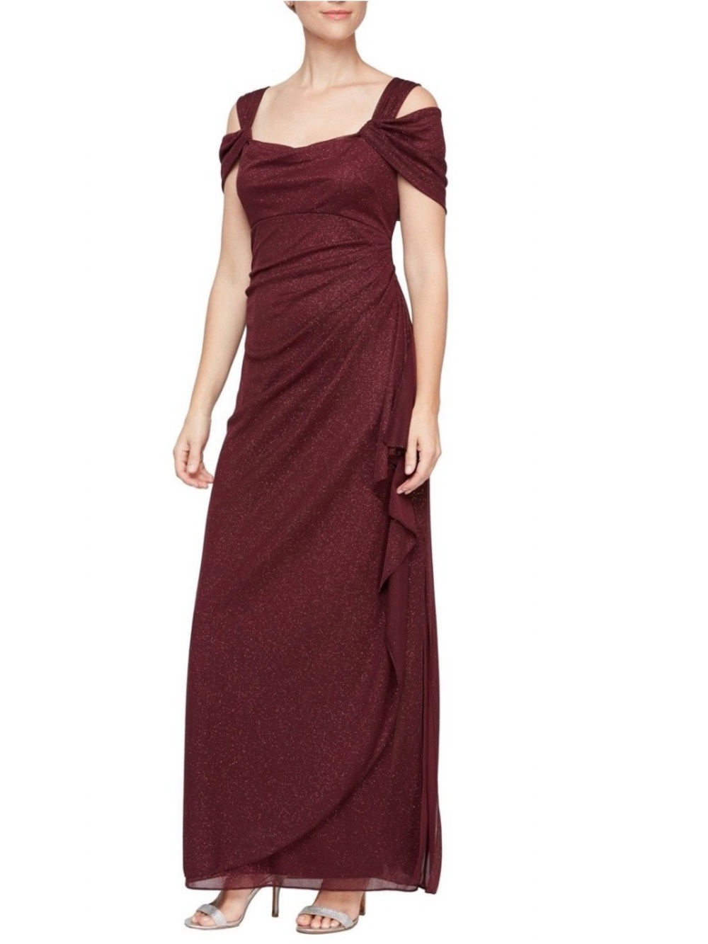 Alex Evenings Burgundy Sparkle Off-Shoulder Maxi Gown - Picture 2 of 5
